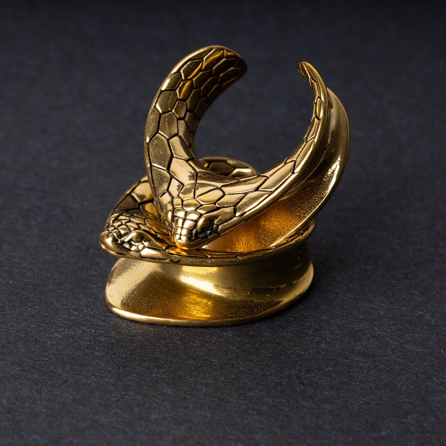 A pair of snakehead saddle tunnels for stretched ears in gold, displayed on a dark background.