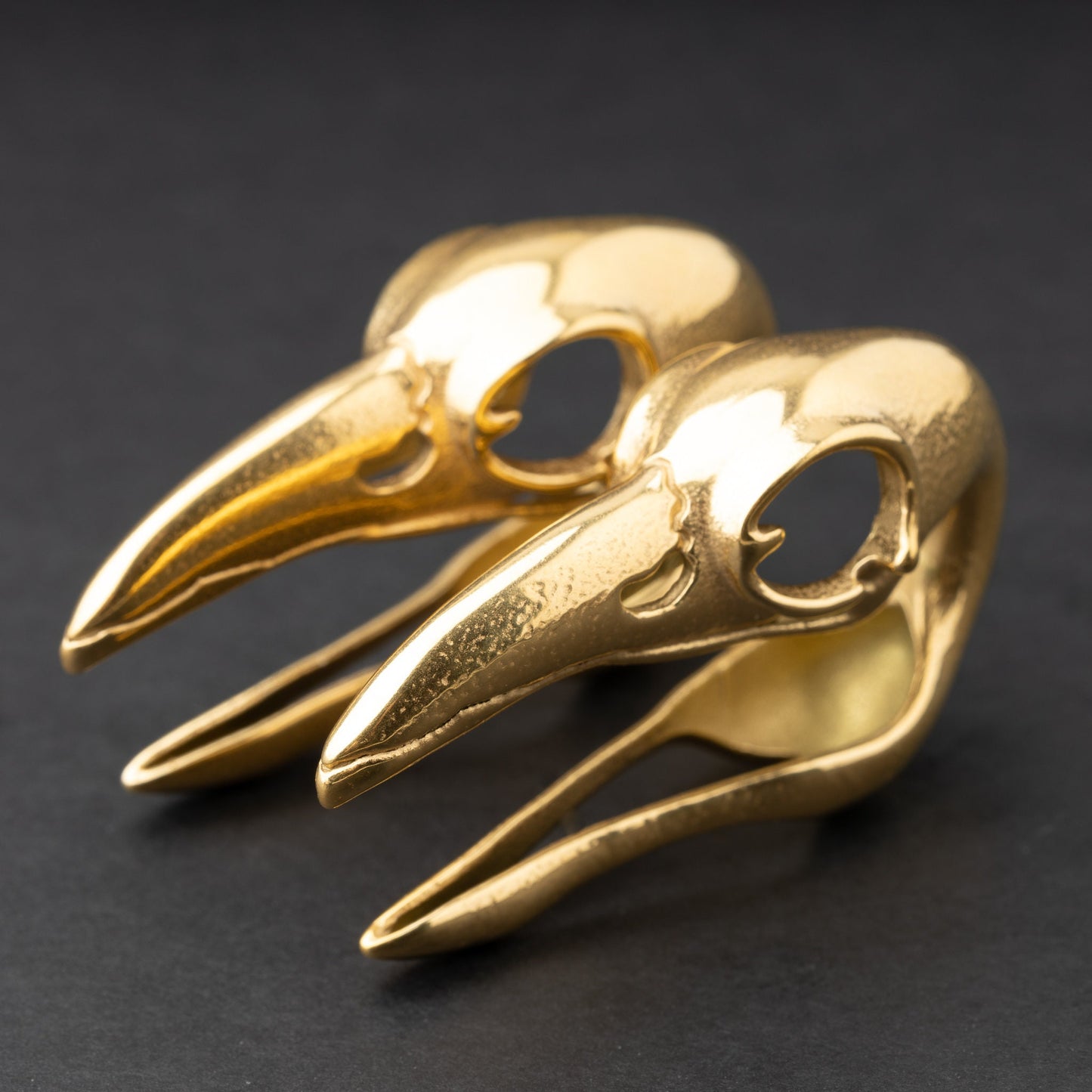 Raven skull saddle plugs in gold, elegantly displayed on a dark background.