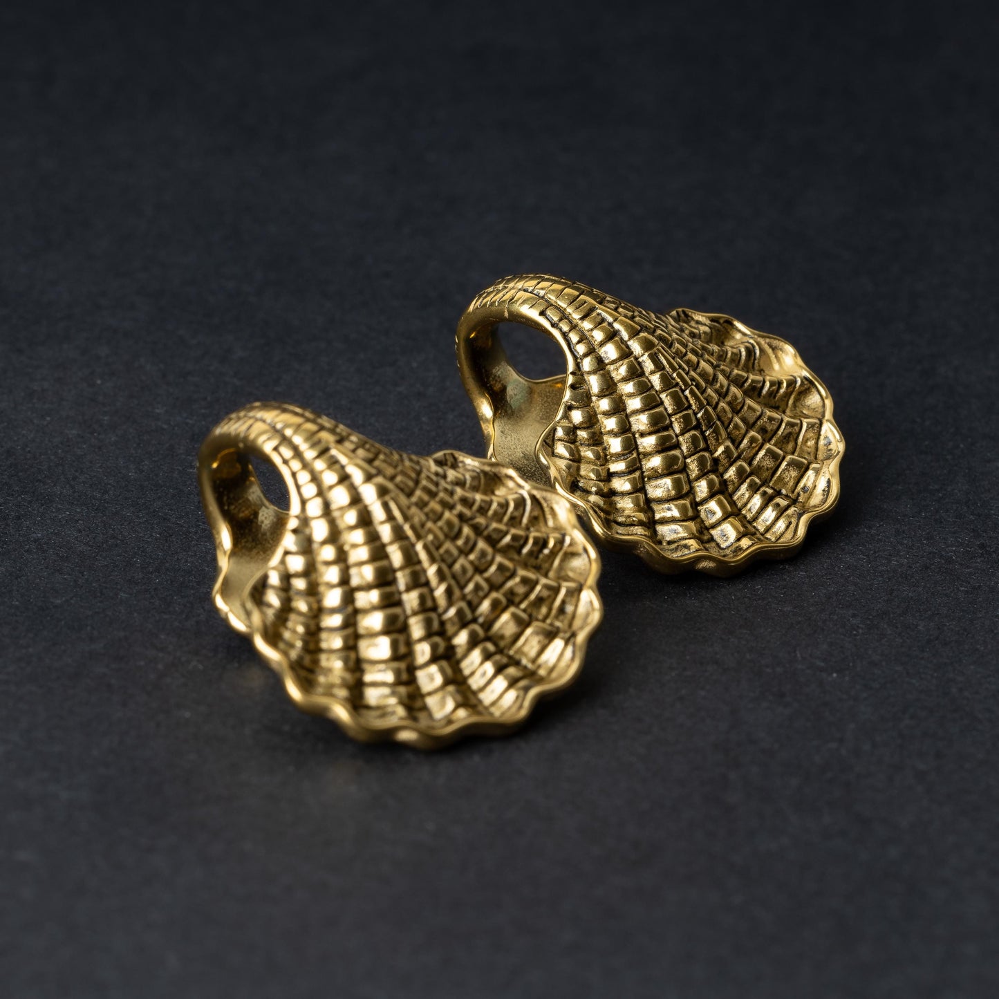 Two seashell-shaped ear weights in polished gold, with detailed textures and a bold design, displayed on a dark background.