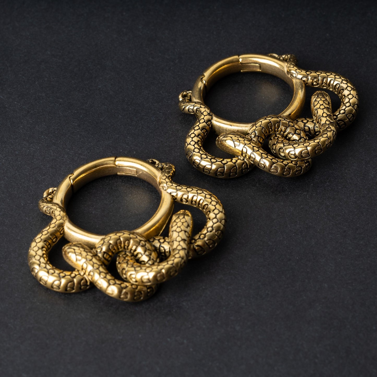 Two snake ear weights in polished gold, featuring detailed scales and a seamless hinge closure, displayed on a dark background.
