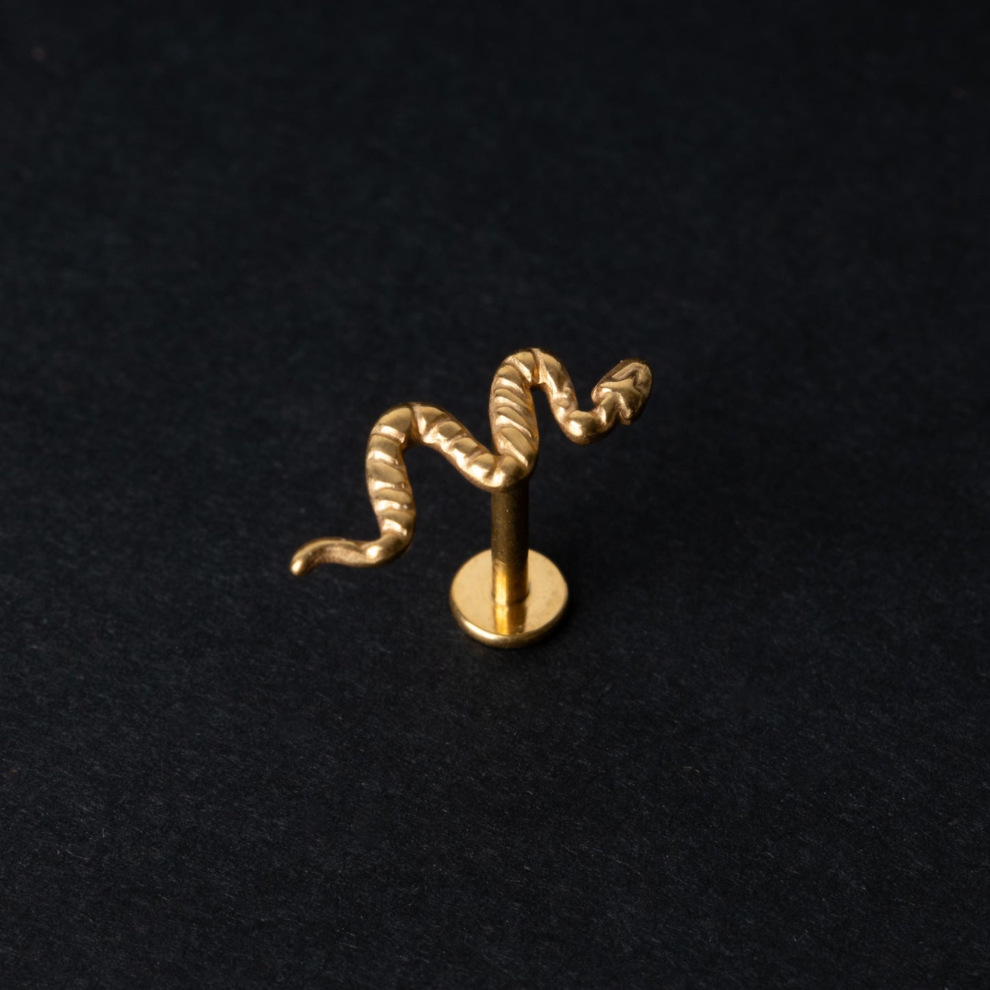 Gold-tone snake labret bar with intricate coiled snake designs displayed on a dark background.
