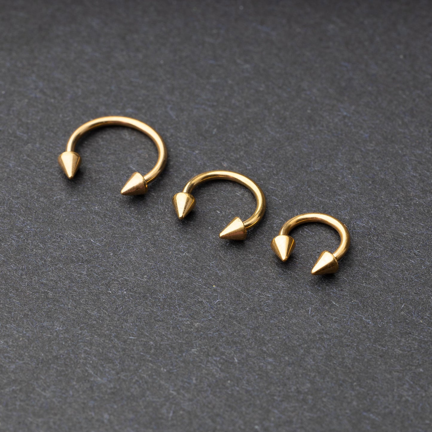 Stainless steel circular barbells with spiked ends displayed on a dark background, arranged by size from large to small.