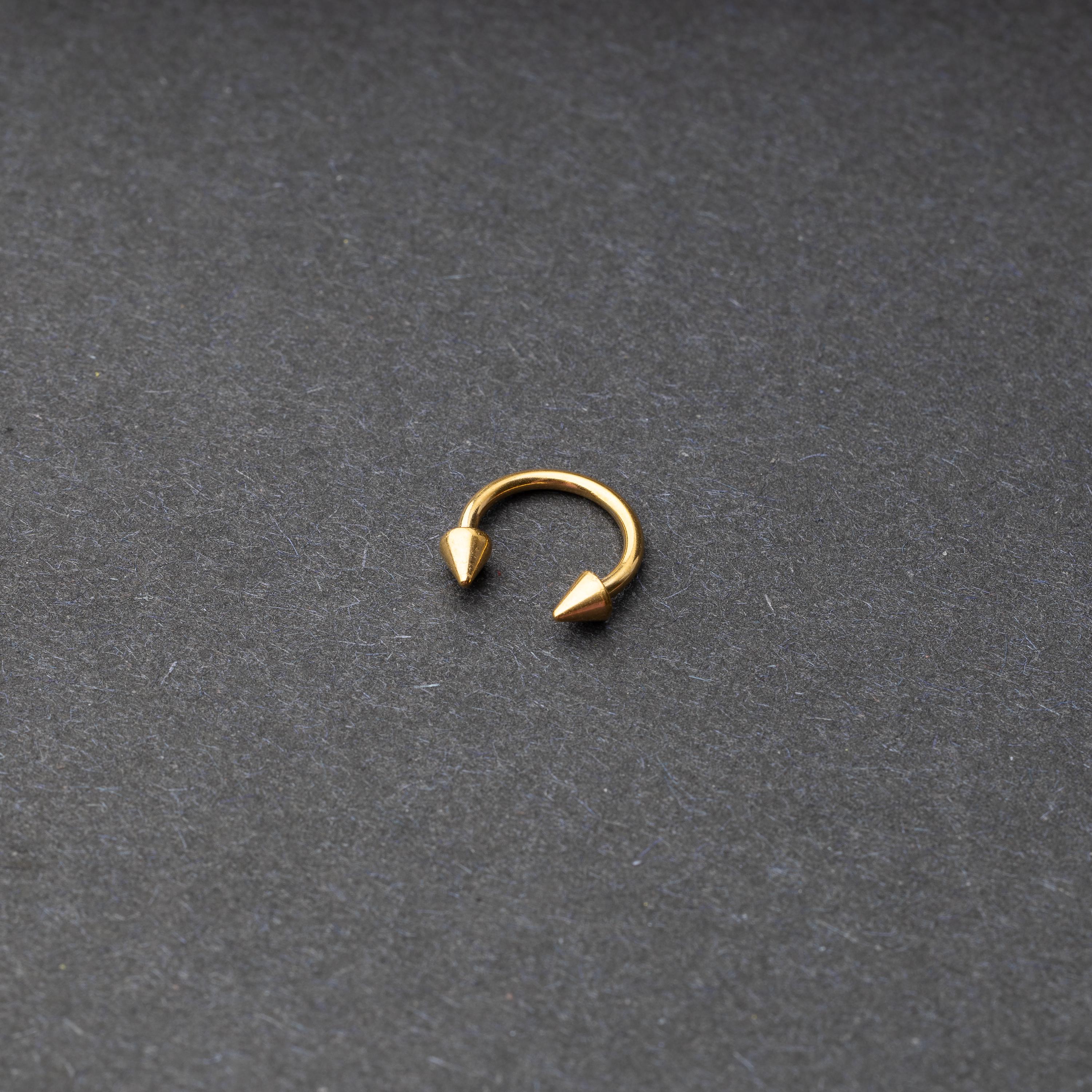 Stainless Steel circular barbell with spiked ends displayed on a dark background.