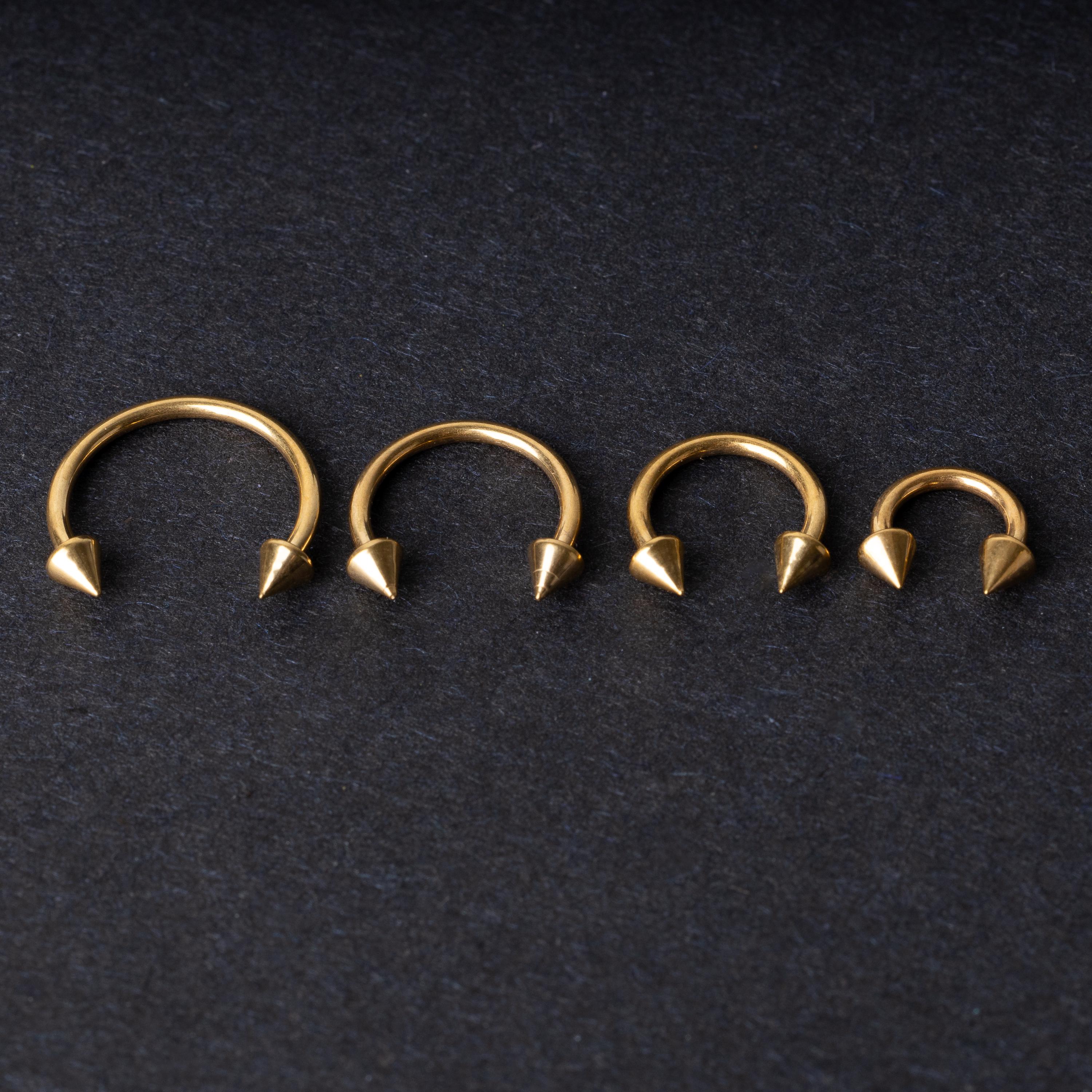 Various sized gold titanium circular barbells with spiked ends displayed on a dark background, arranged by size from large to small.