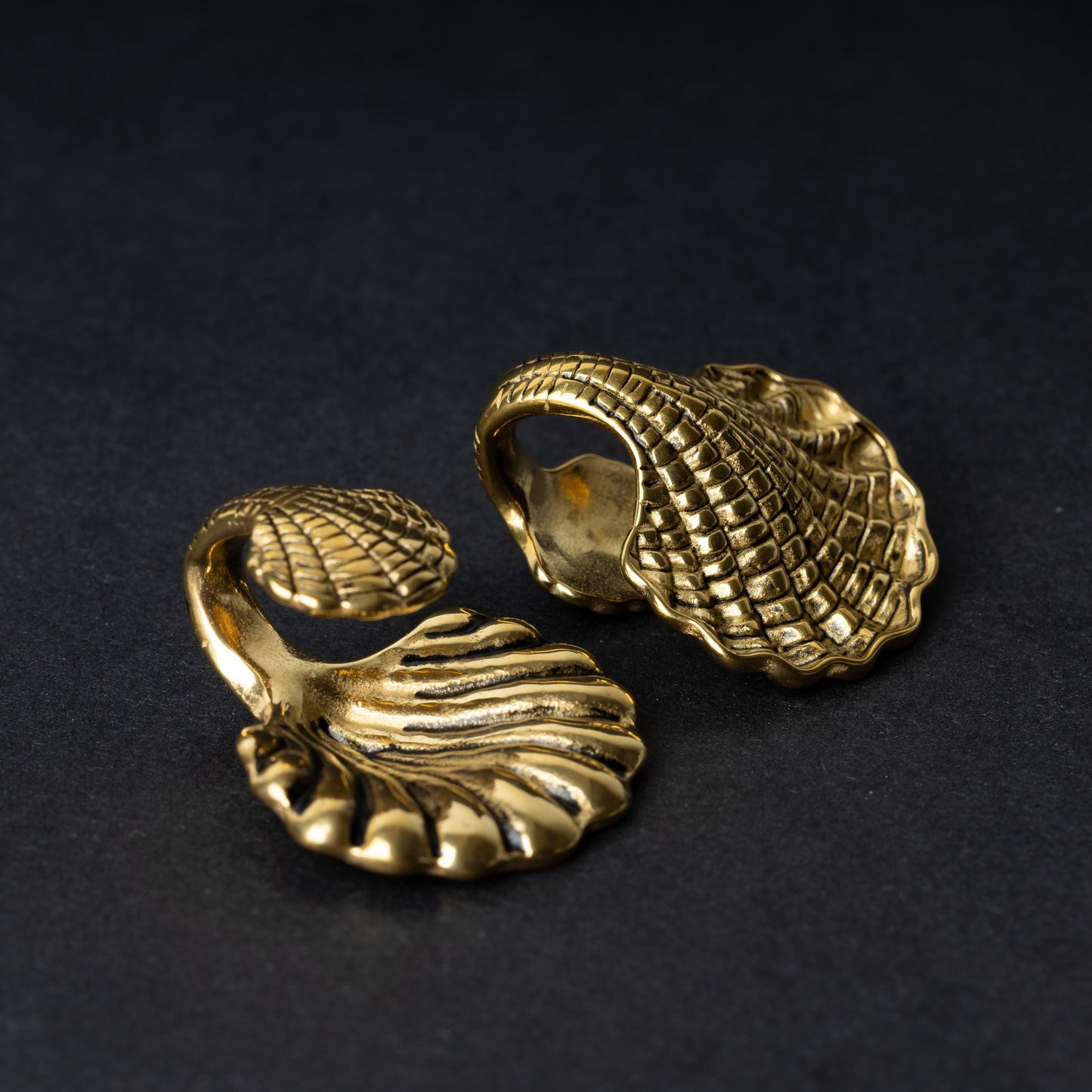 Two seashell-shaped ear weights in polished gold, with detailed textures and a bold design, displayed on a dark background.
