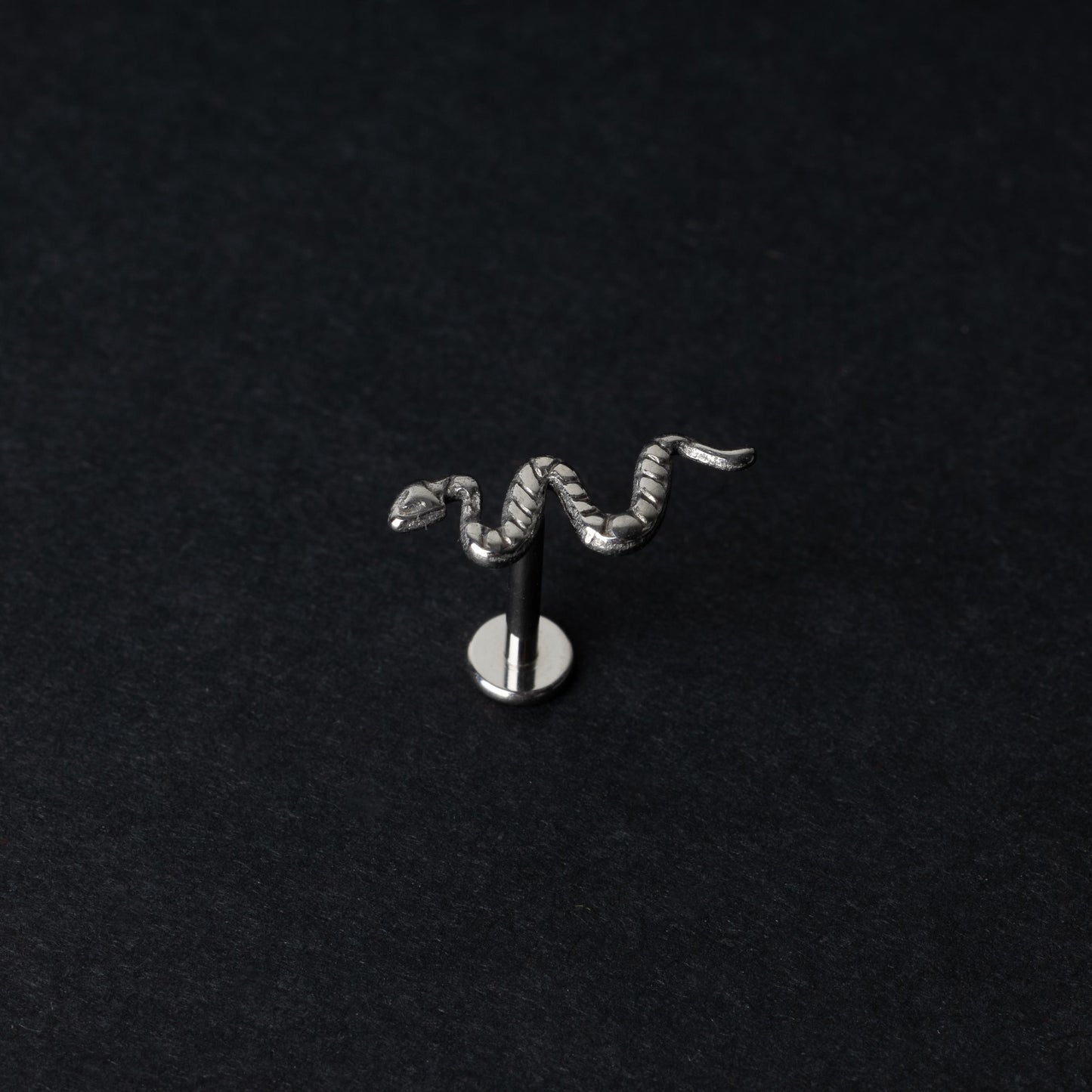 Silver-tone snake labret bars with intricate coiled snake designs displayed on a dark background.