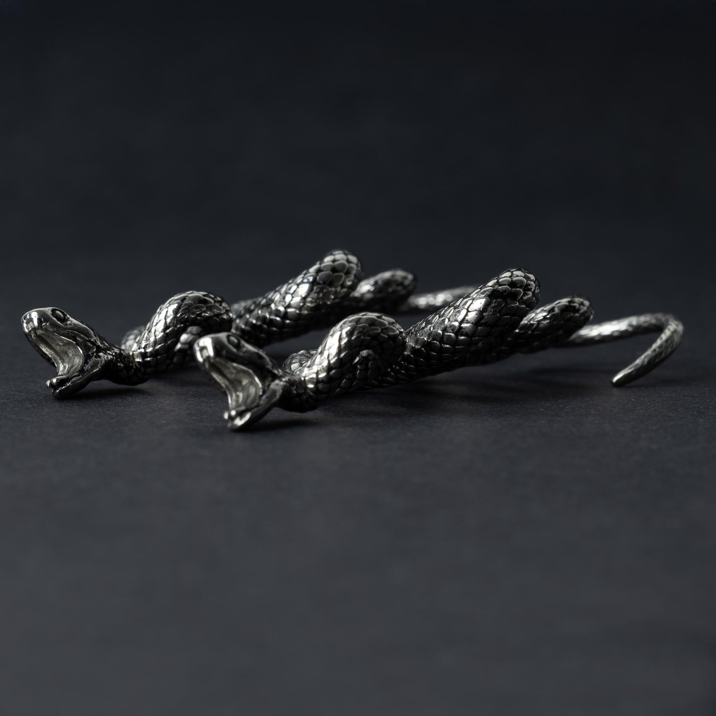 A pair of silver snake-shaped ear weights with intricate scale detailing, coiled design, and open mouths with visible fangs, displayed on a dark background.
