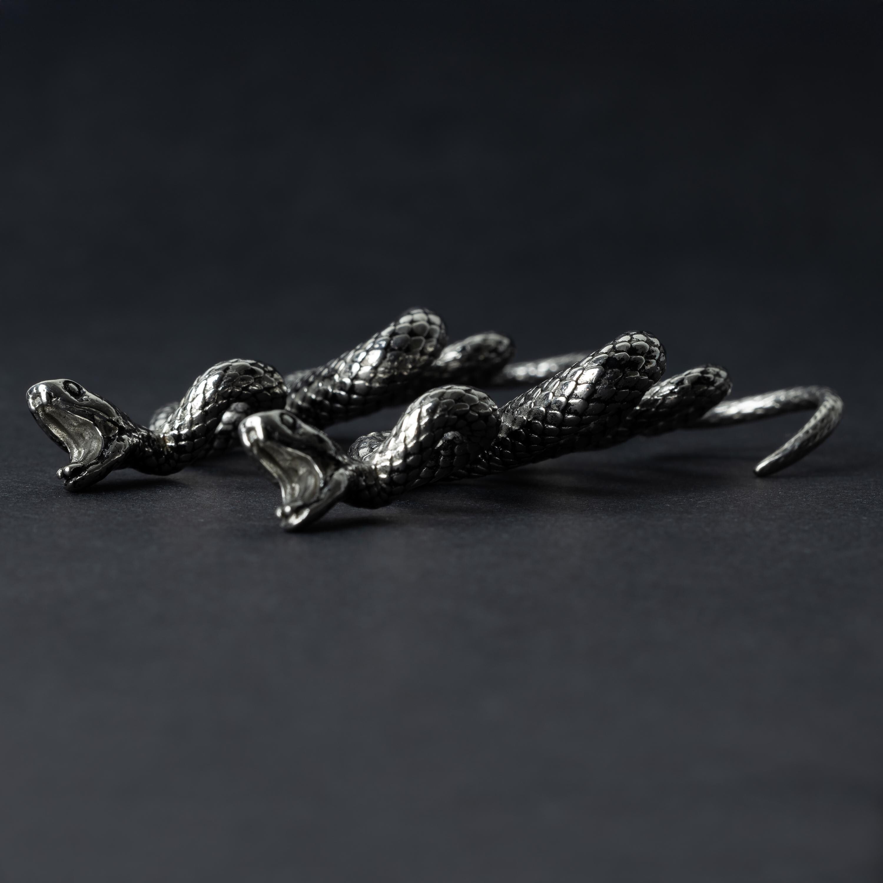 A pair of silver snake-shaped ear weights with intricate scale detailing, coiled design, and open mouths with visible fangs, displayed on a dark background.