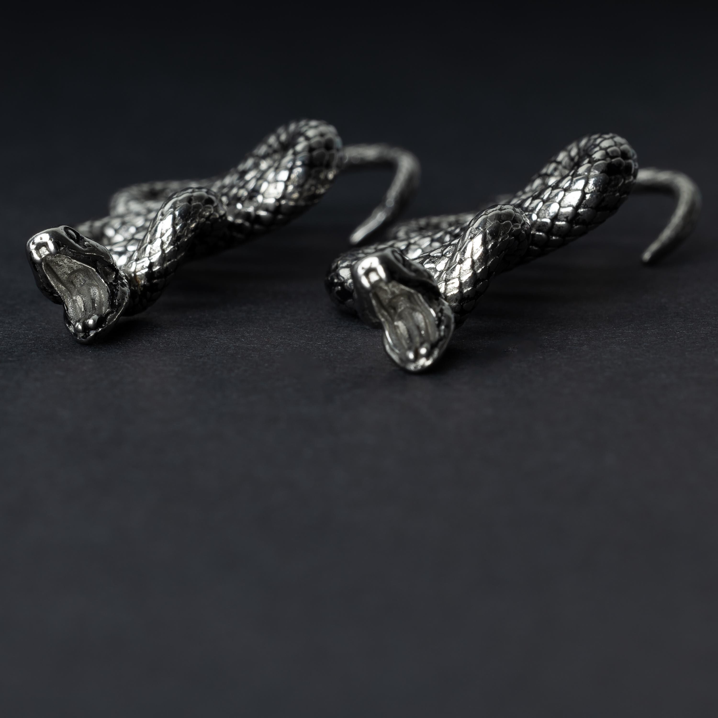 A pair of silver snake-shaped ear weights with intricate scale detailing, coiled design, and open mouths with visible fangs, displayed on a dark background.