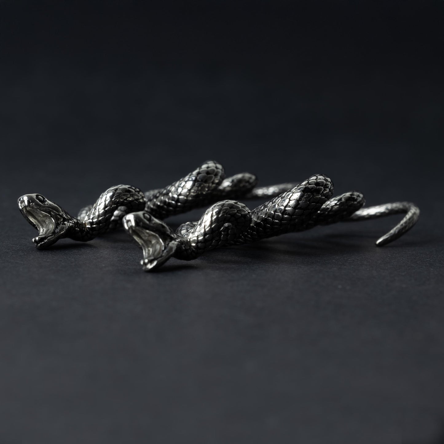 A pair of silver snake-shaped ear weights with intricate scale detailing, coiled design, and open mouths with visible fangs, displayed on a dark background.
