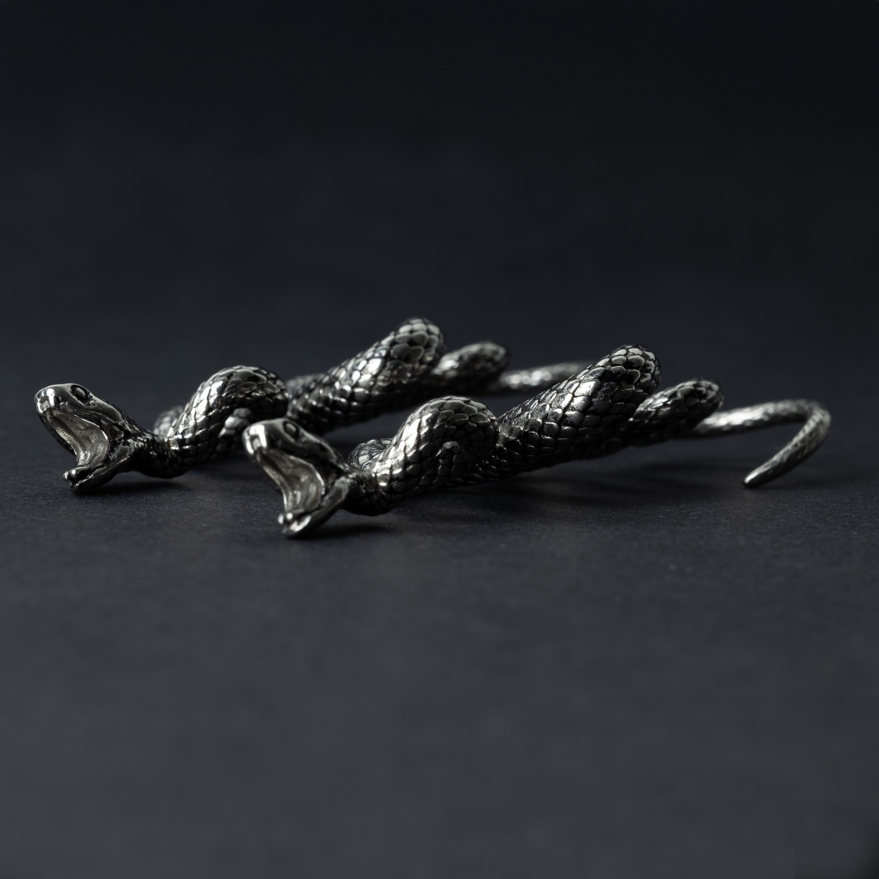 A pair of silver snake-shaped ear weights with intricate scale detailing, coiled design, and open mouths with visible fangs, displayed on a dark background.