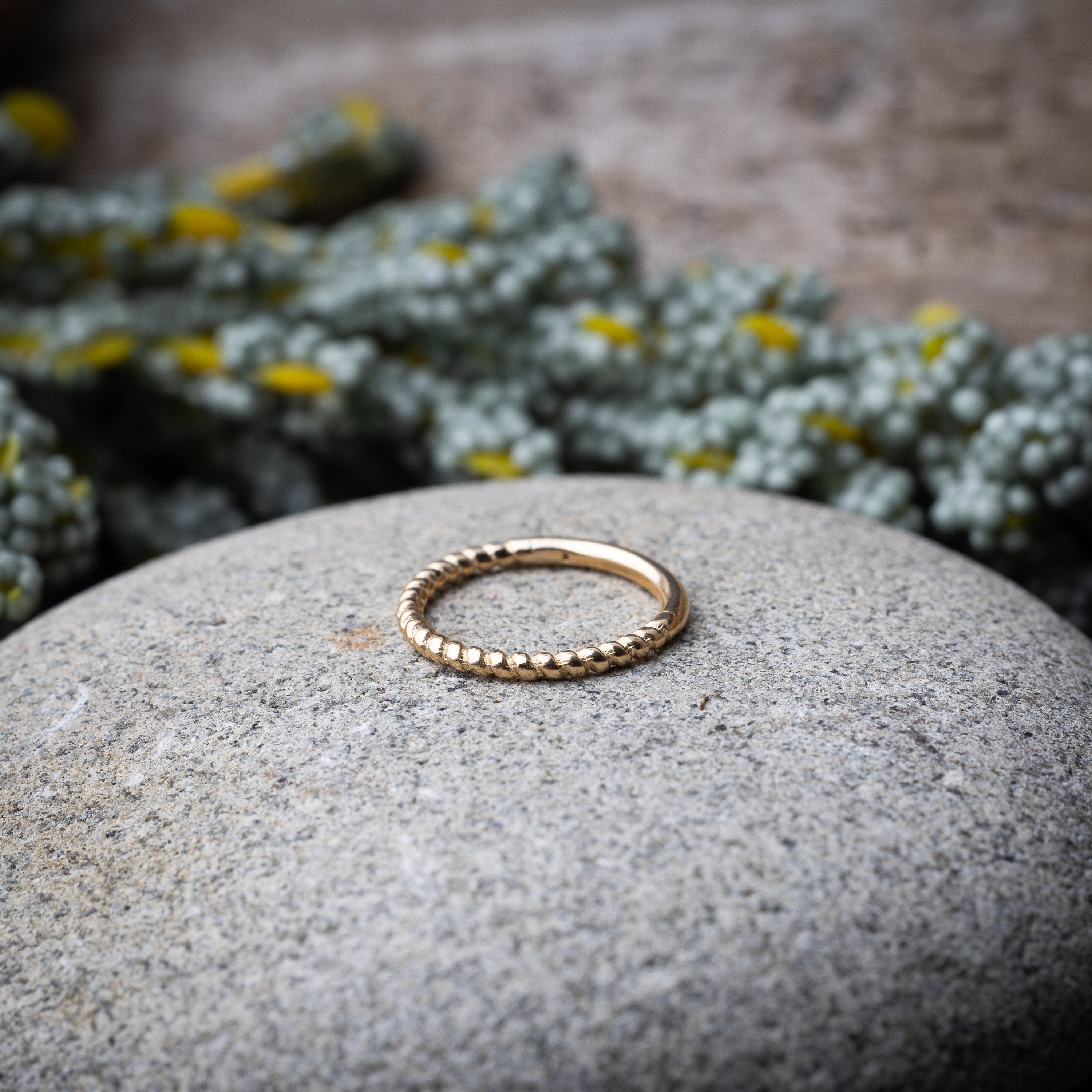 Close-up of a gold rope-textured septum clicker on a stone background, showcasing its intricate design and open hinge mechanism.