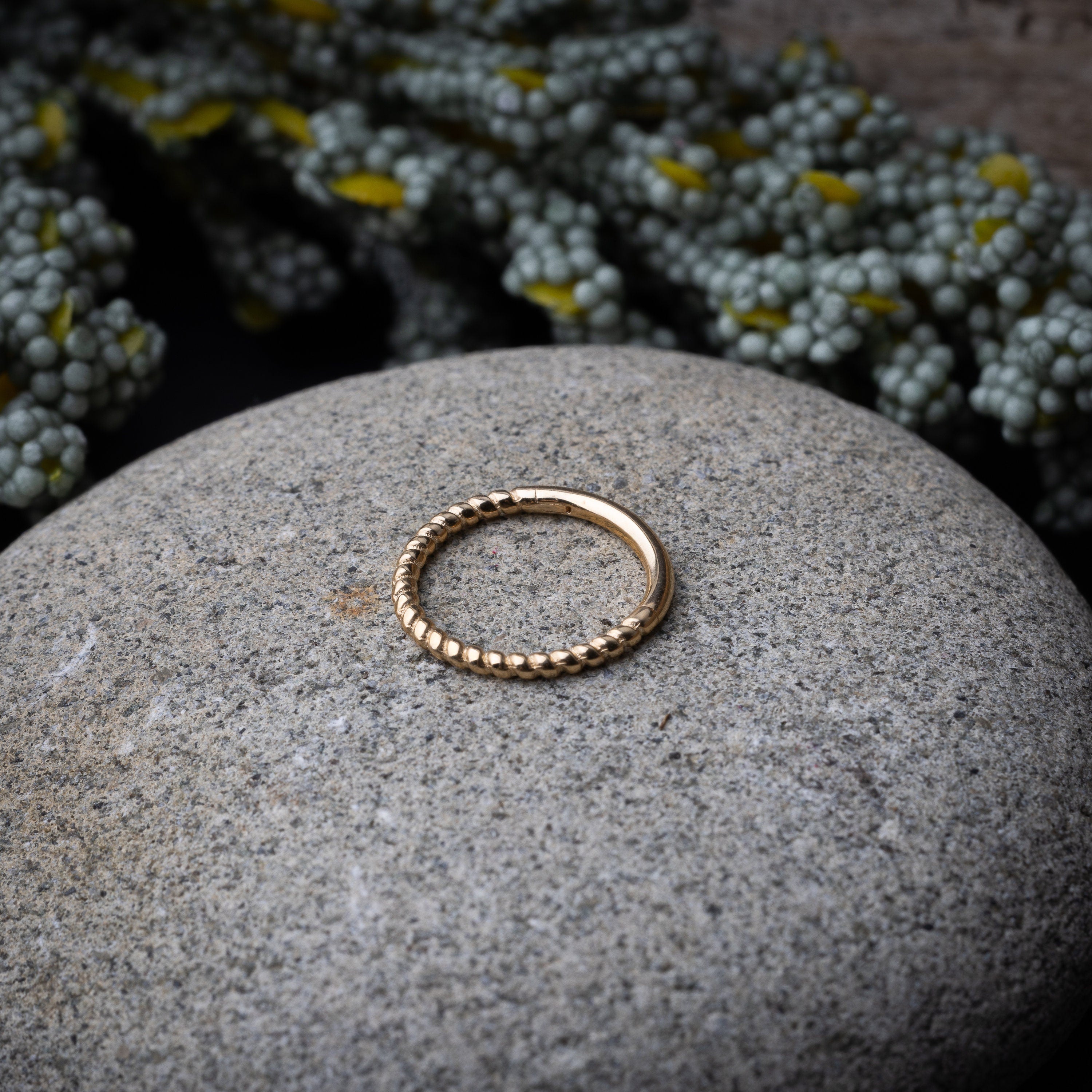 Close-up of a gold rope-textured septum clicker on a stone background, showcasing its intricate design and open hinge mechanism.