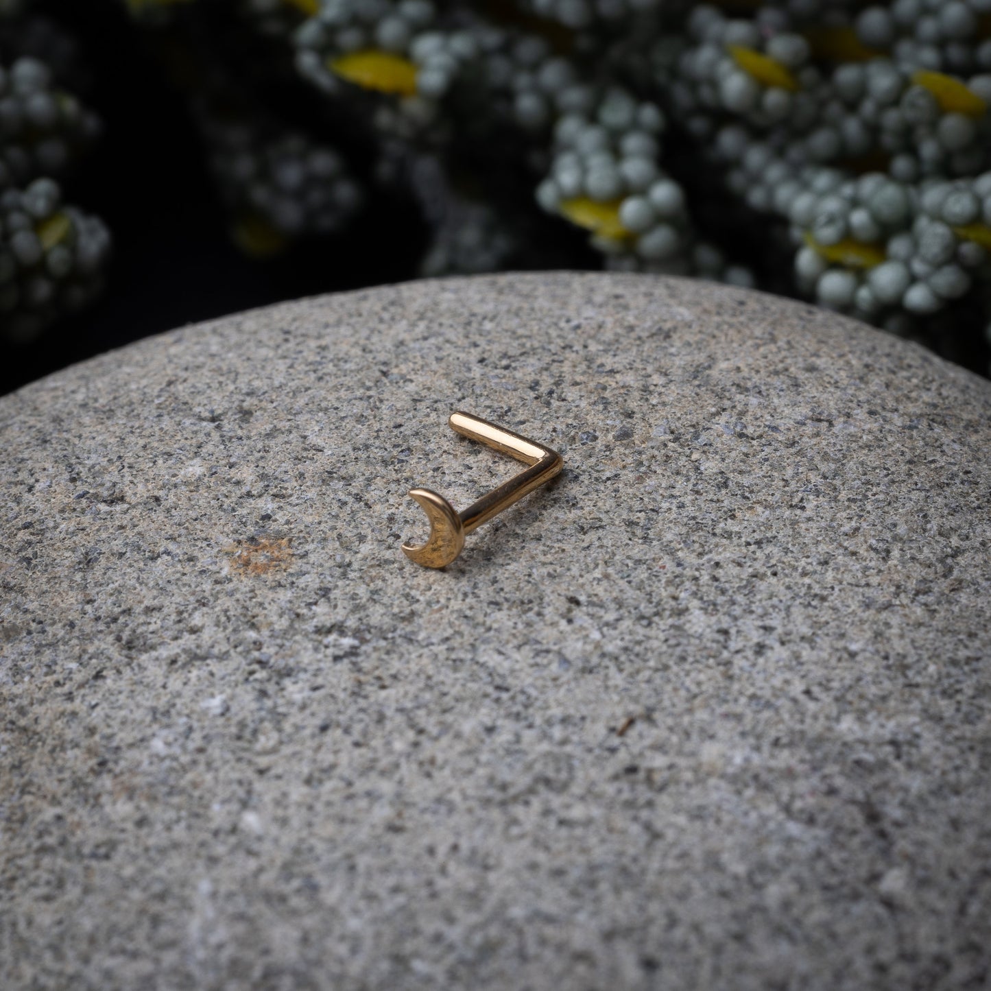 A gold-tone crescent moon nose stud with a curved design for secure and comfortable wear, displayed on a stone background.