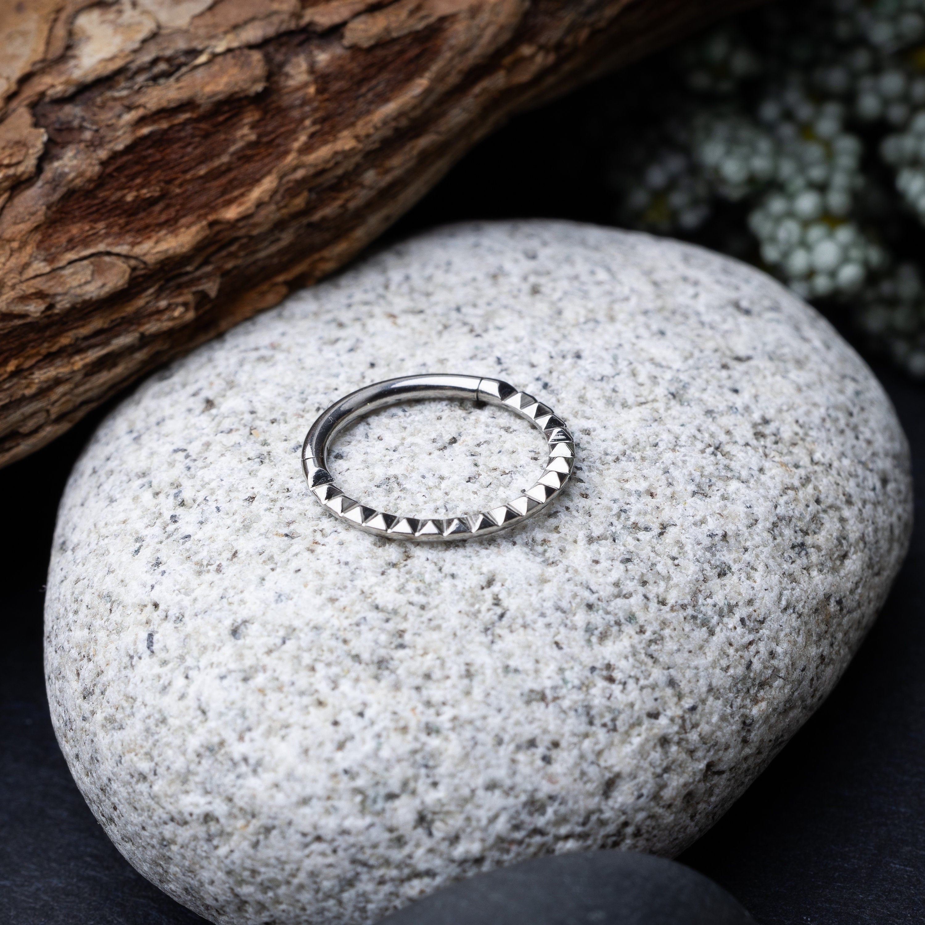 Spiked titanium clicker ring on a stone background.