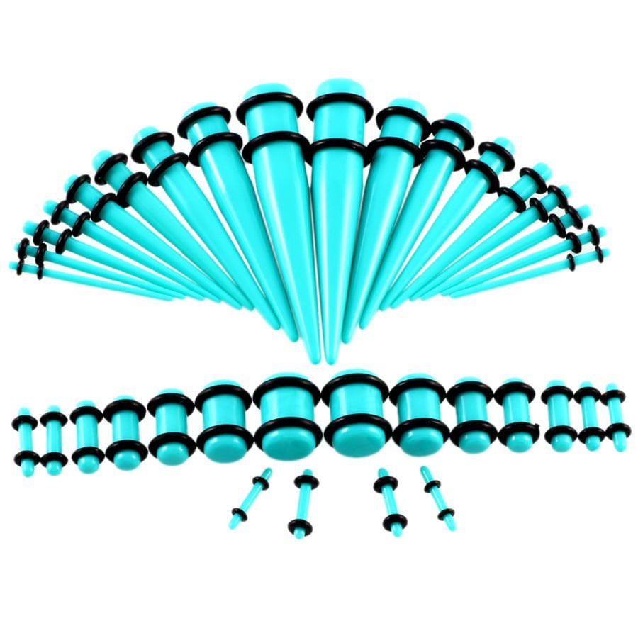 An aqua blue and black ear stretching kit featuring a full range of tapers and plugs in various sizes, displayed on a white background.