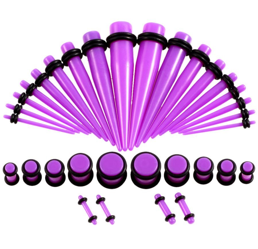A purple ear stretching kit featuring a full range of tapers and plugs in various sizes, displayed on a white background.