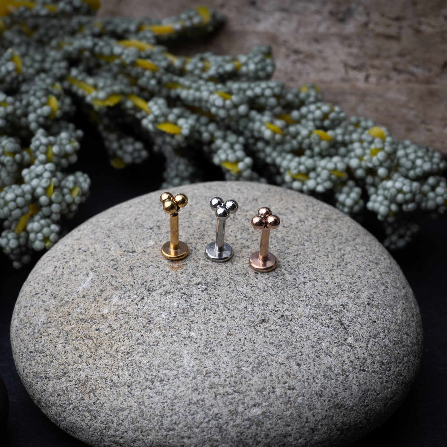 Close-up of three minimalist ball cluster labret studs in rose gold, silver, and gold finishes, displayed on a stone background.