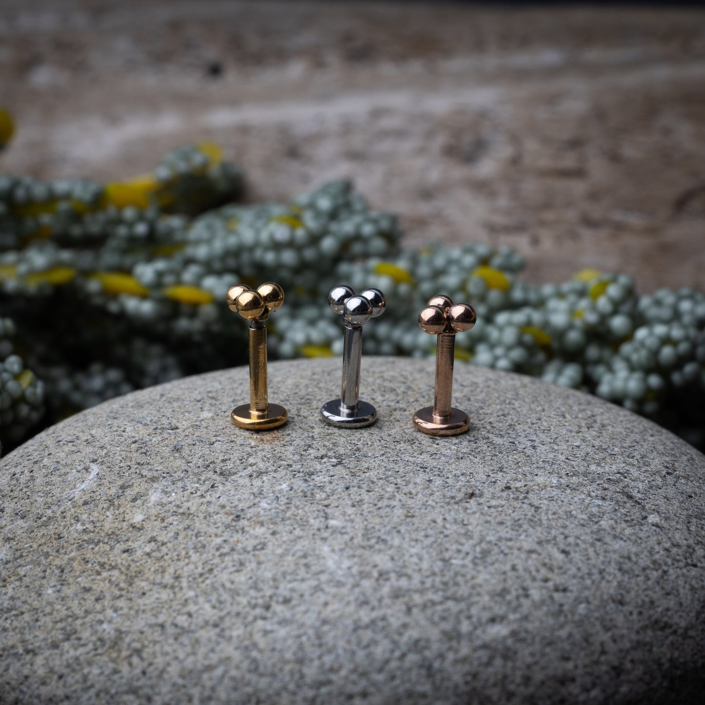 Close-up of three minimalist ball cluster labret studs in rose gold, silver, and gold finishes, displayed on a stone background.