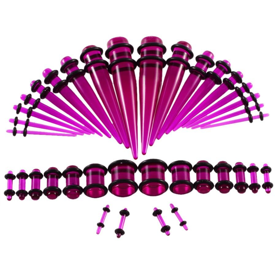 See-through purple and black ear stretching kit featuring a full range of tapers and plugs in various sizes, displayed on a white background.