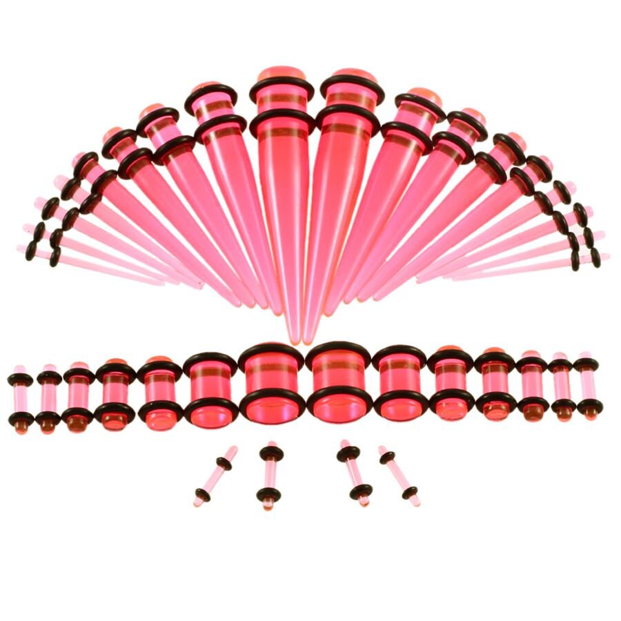 A clear pink and black ear stretching kit featuring a full range of tapers and plugs in various sizes, displayed on a white background.