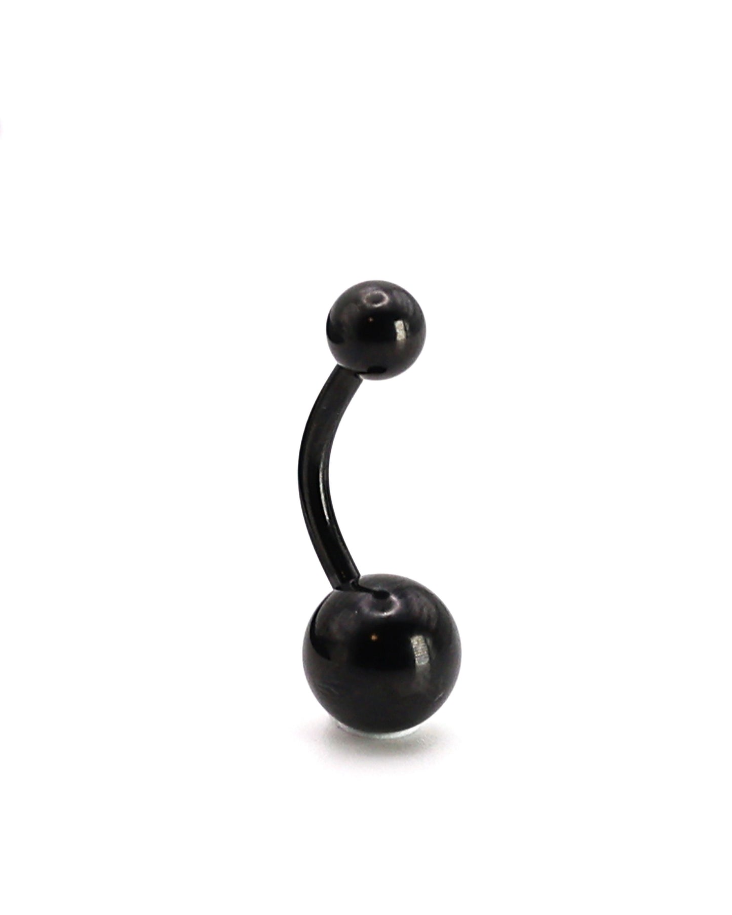 Stainless steel belly bar in black displayed on a white background