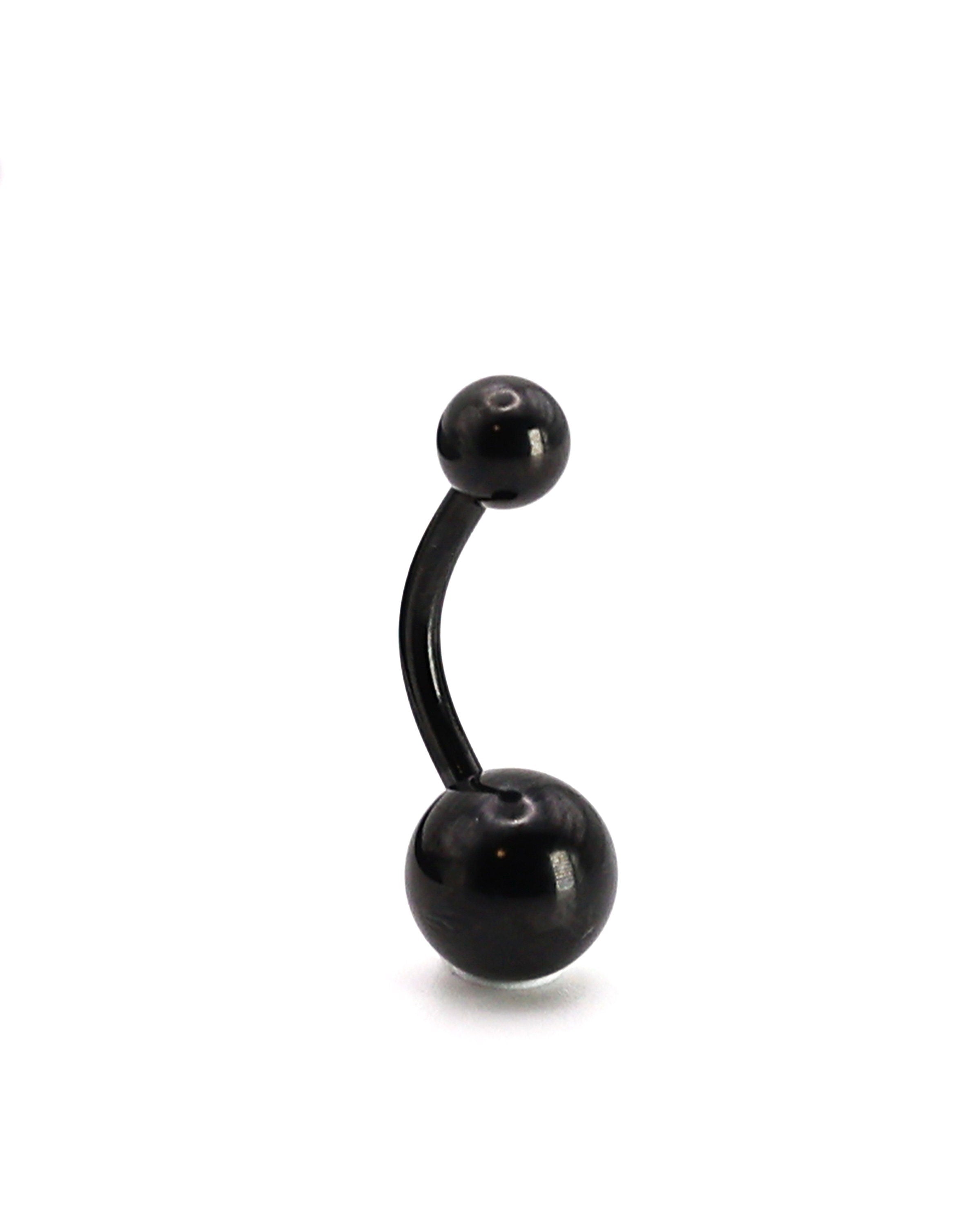 Stainless steel belly bar in black displayed on a white background