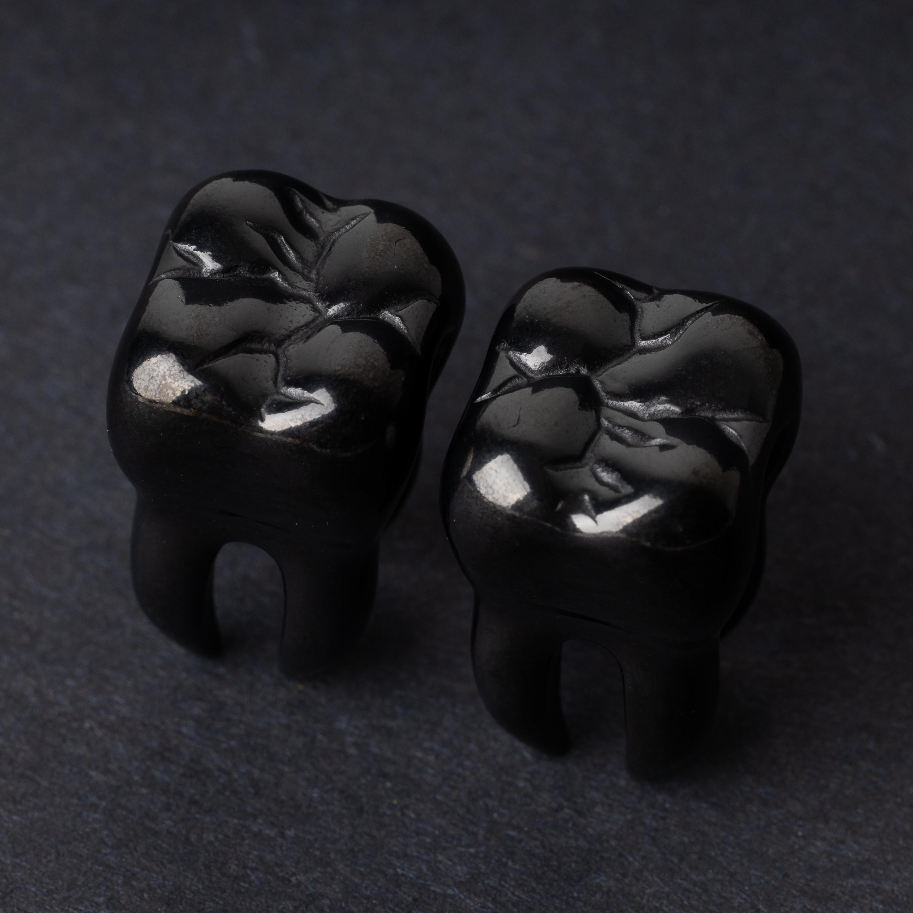 Close-up of black tooth-shaped ear weights with polished detailing, displayed on a dark background.

