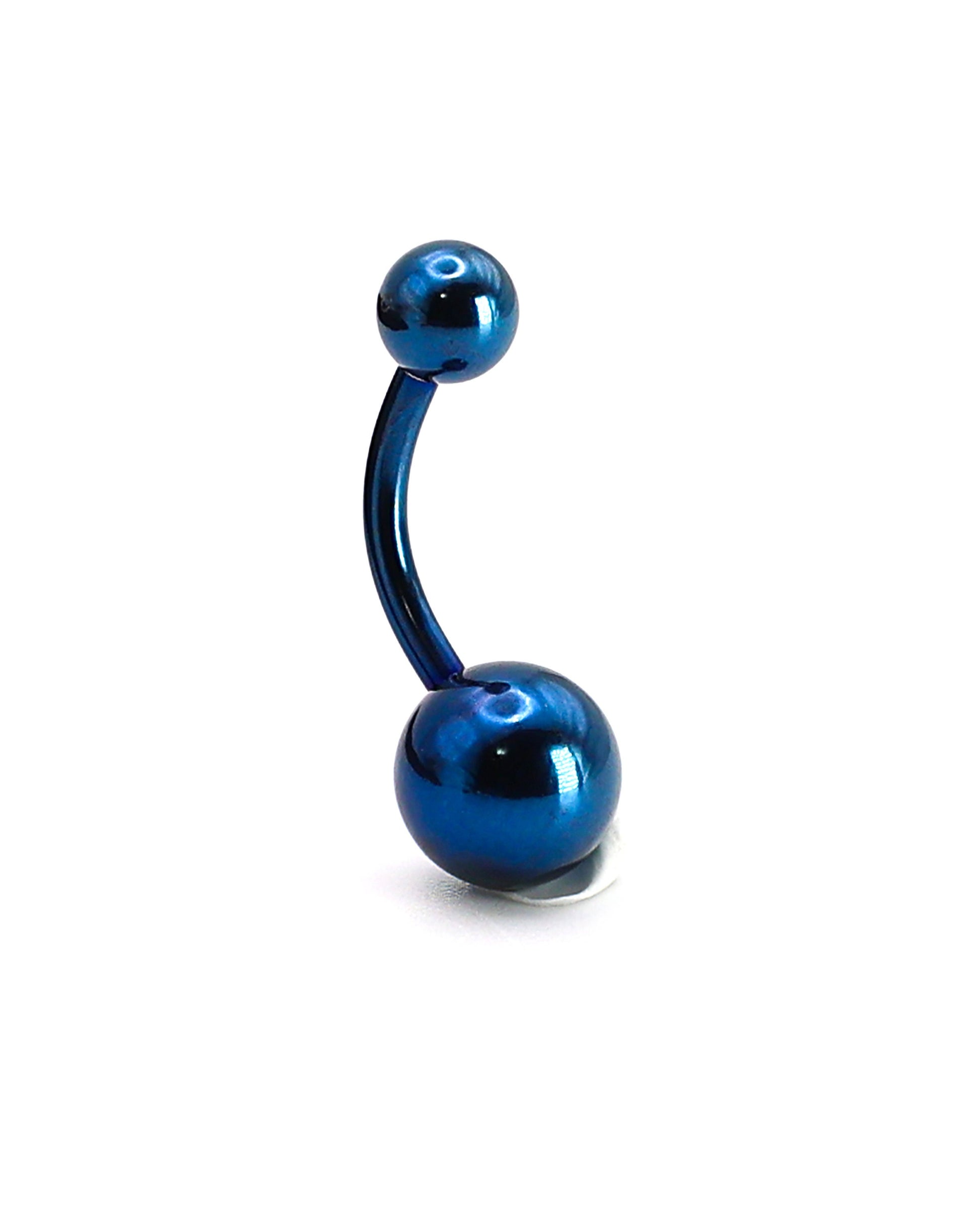 Stainless steel belly bar in blue displayed on a white background