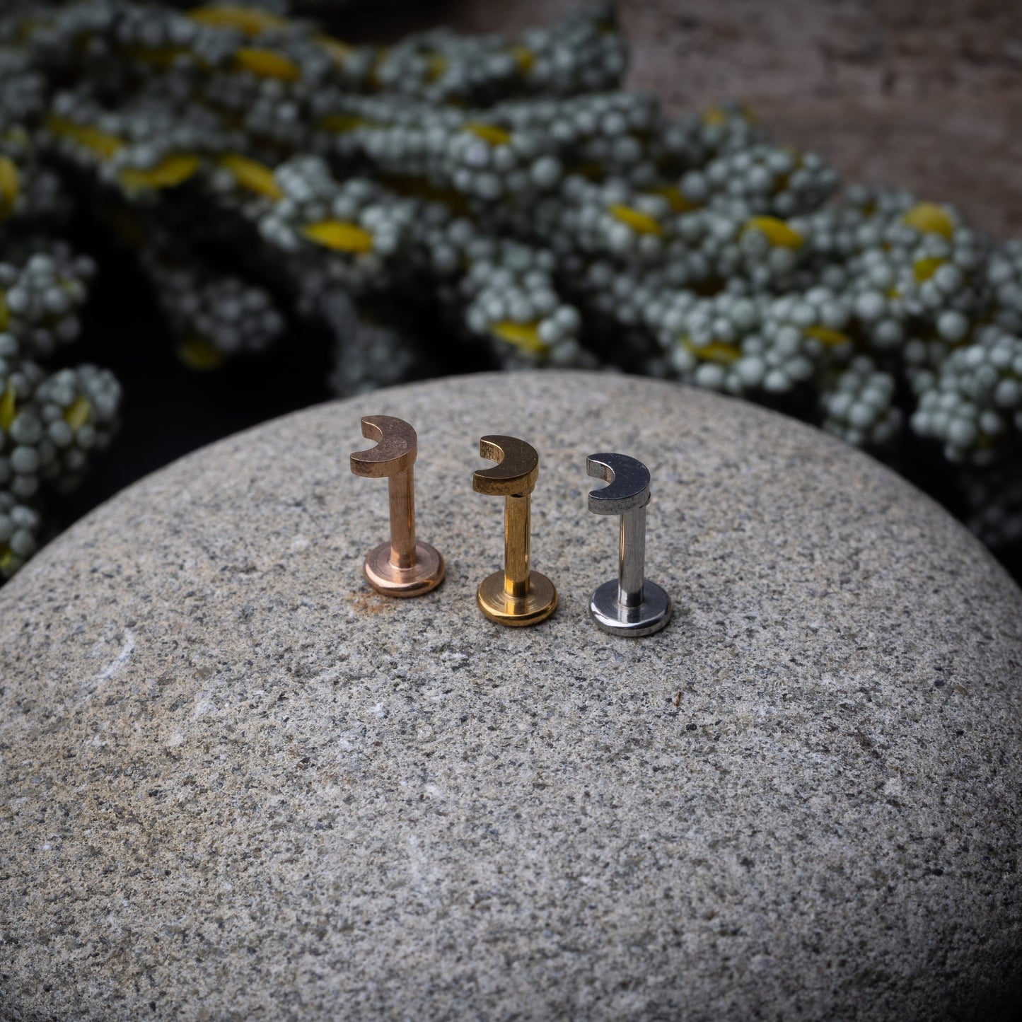 Gold, silver, and rose gold crescent moon labret studs displayed on a stone background