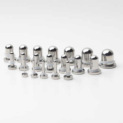 A complete dead stretching kit with polished stainless steel plugs and tunnels in multiple sizes, displayed on a white background.