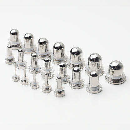 A complete dead stretching kit with polished stainless steel plugs and tunnels in multiple sizes, displayed on a white background.