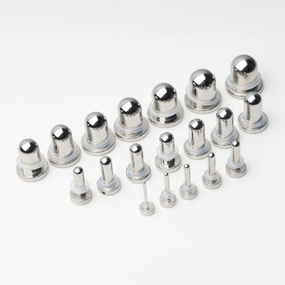 A complete dead stretching kit with polished stainless steel plugs and tunnels in multiple sizes, displayed on a white background.