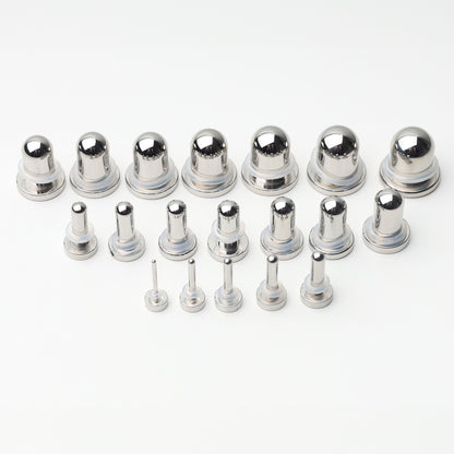 A complete dead stretching kit with polished stainless steel plugs and tunnels in multiple sizes, displayed on a white background.