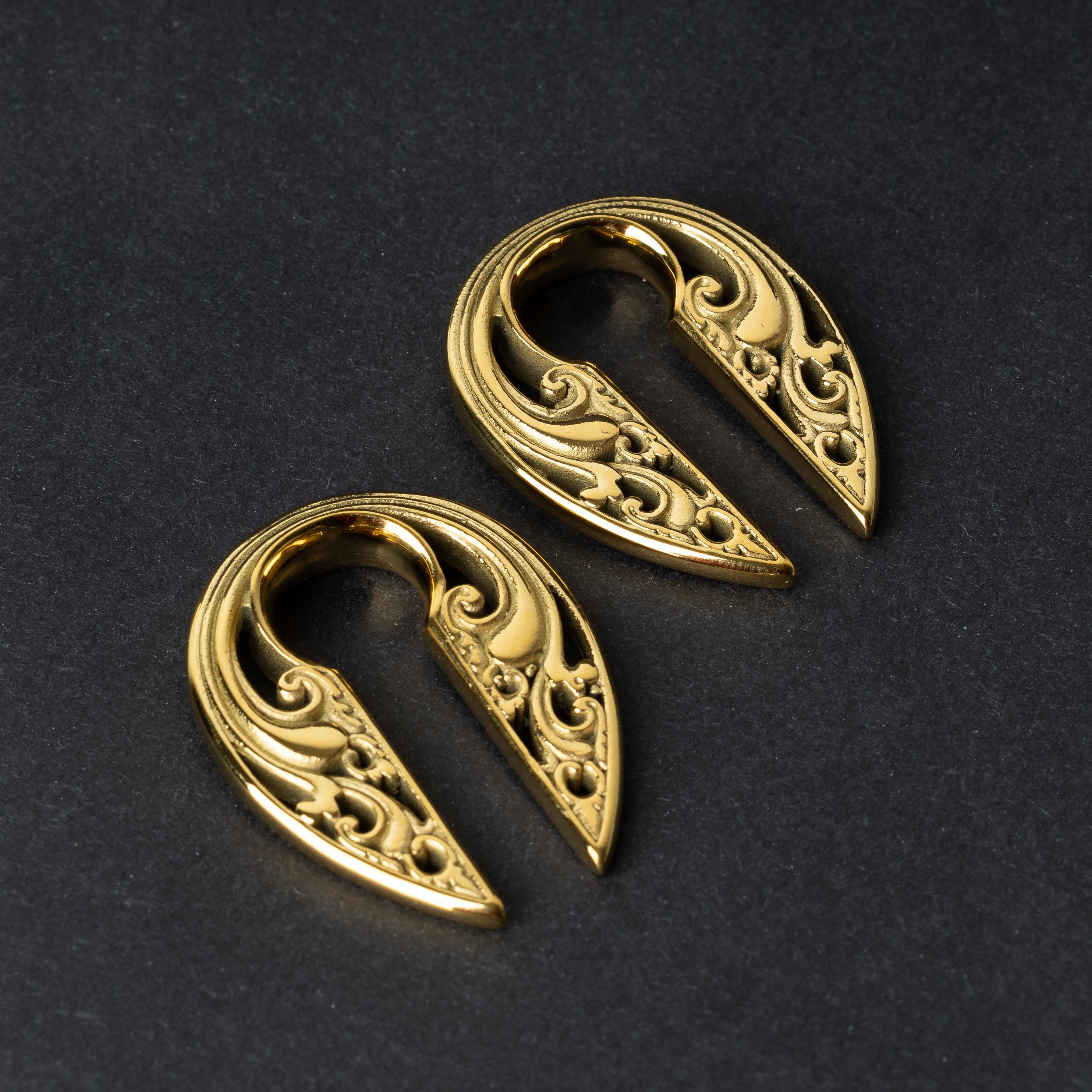 Gold Ornate Ear Weights, Stainless Steel Ear Hangers, Plugs and Tunnels, Gauge Weights, Jewelry for Stretched Ears