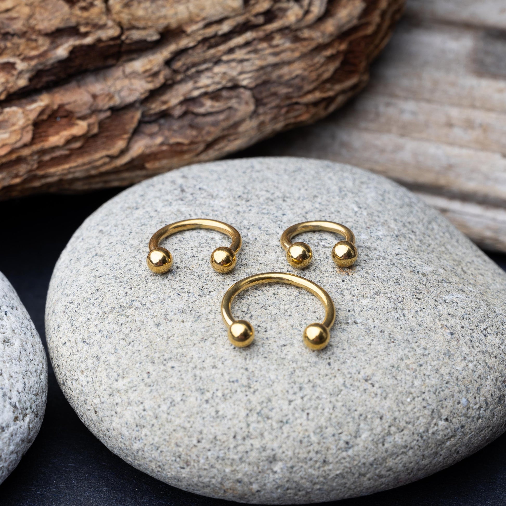 Gold horseshoe rings in three different sizes with ball ends, displayed on a rock.