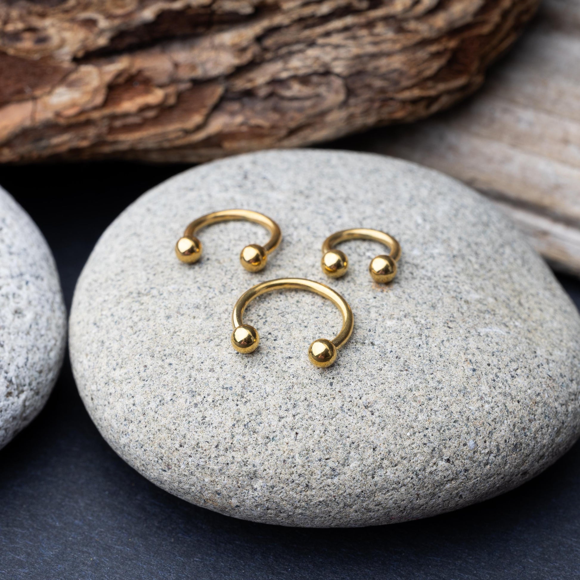 Gold horseshoe rings in three different sizes with ball ends, displayed on a rock.