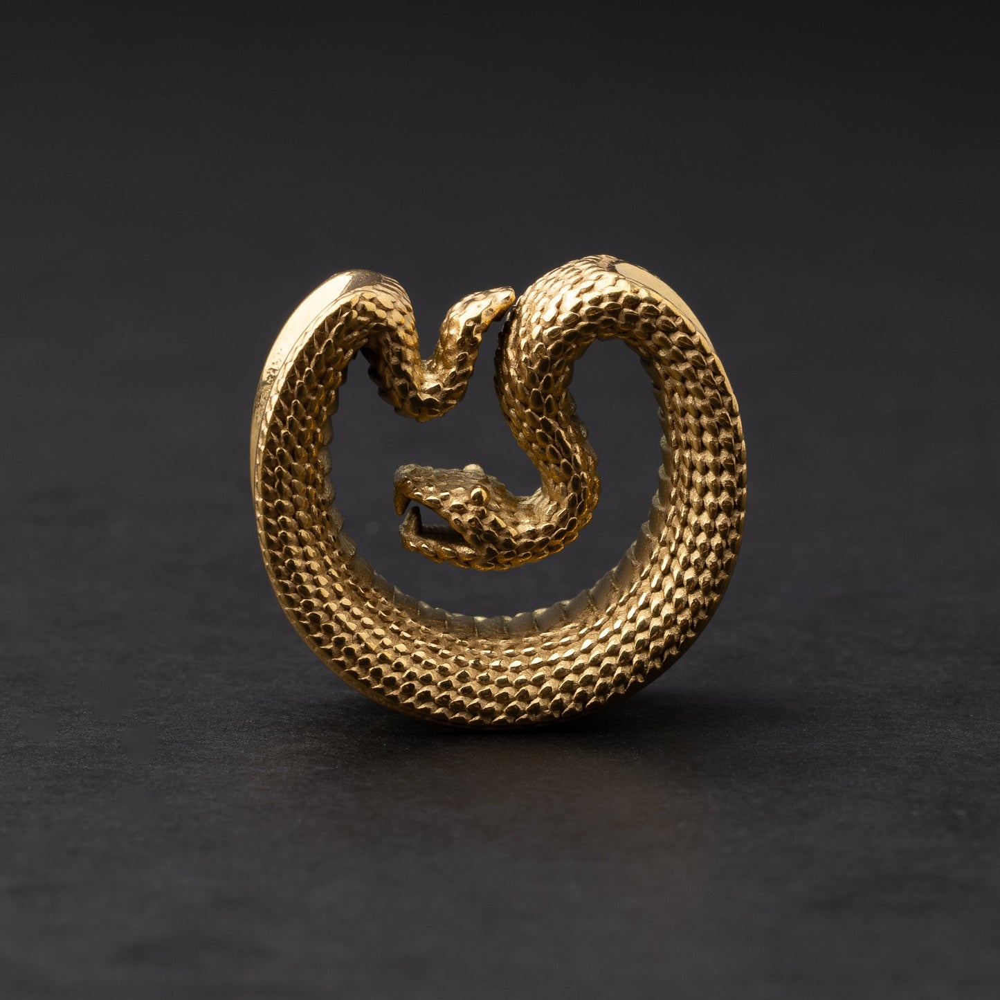 Gold Snake-shaped saddle plugs, displayed on a dark background.