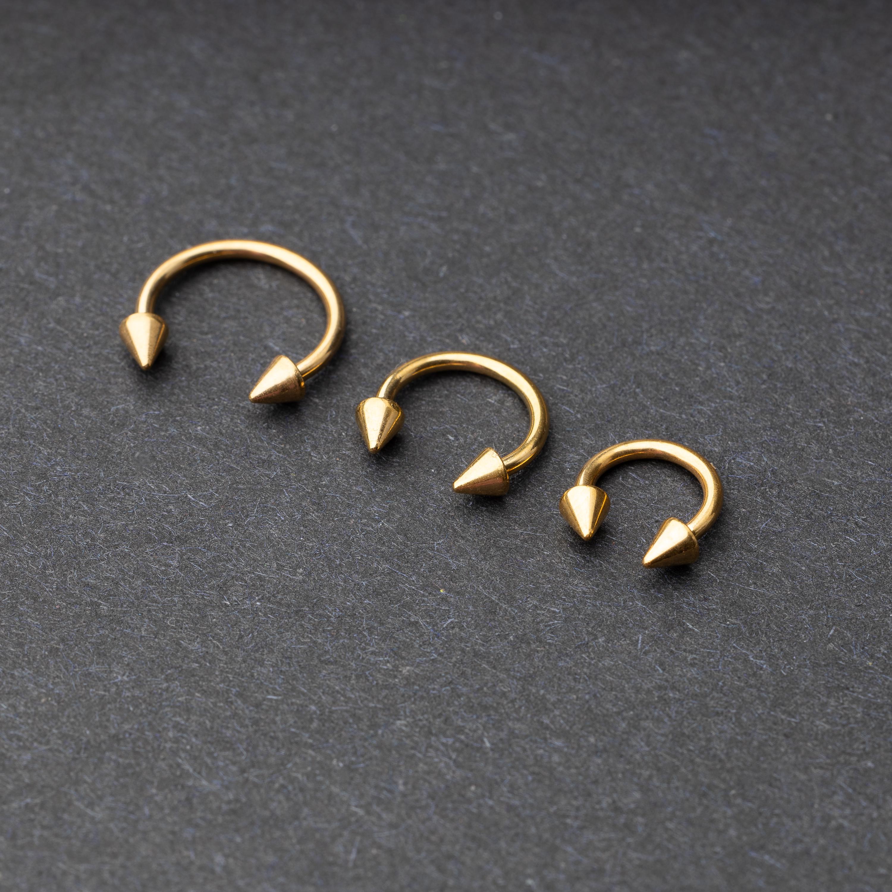 Stainless steel circular barbells with spiked ends displayed on a dark background, arranged by size from large to small.
