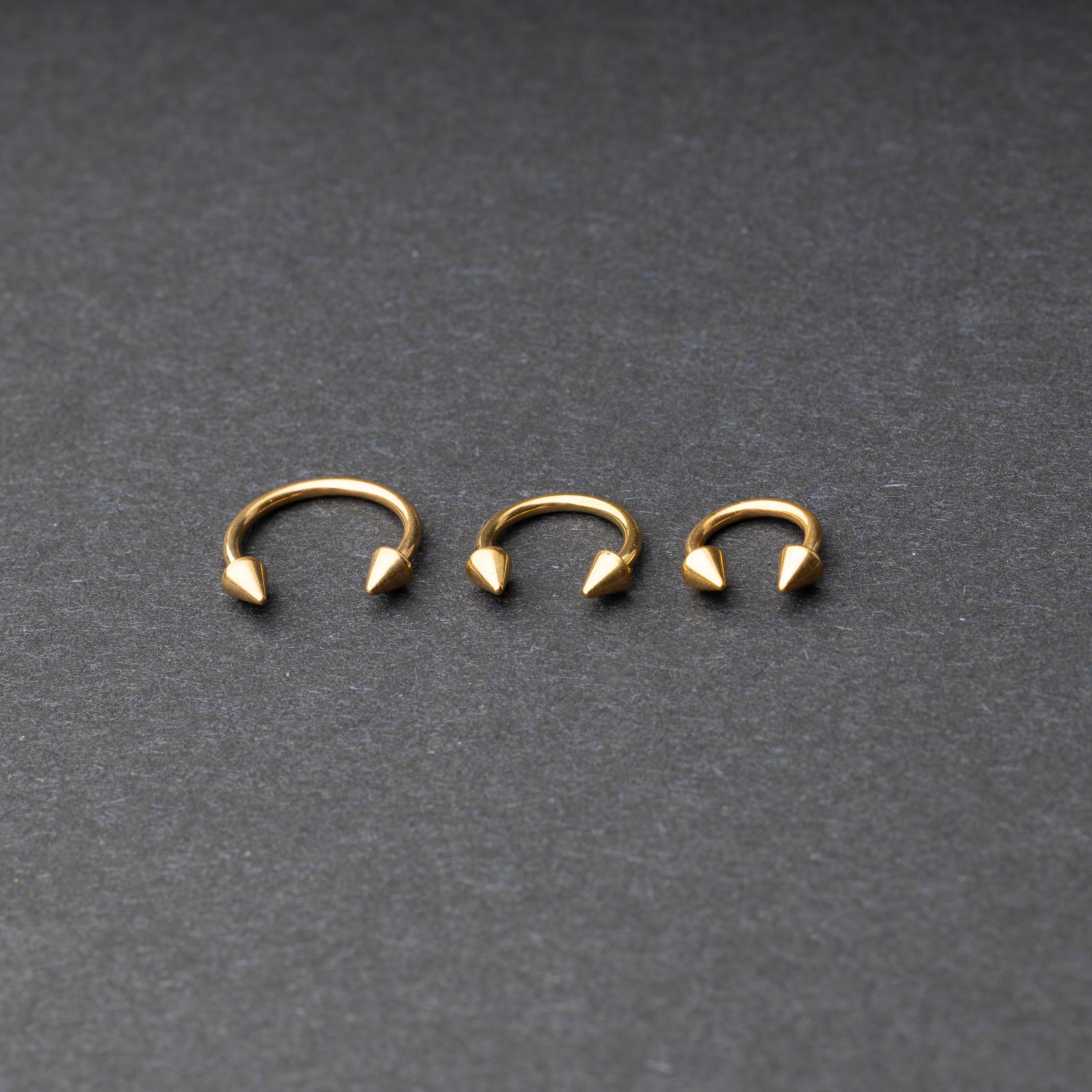 Stainless steel circular barbells with spiked ends displayed on a dark background, arranged by size from large to small.