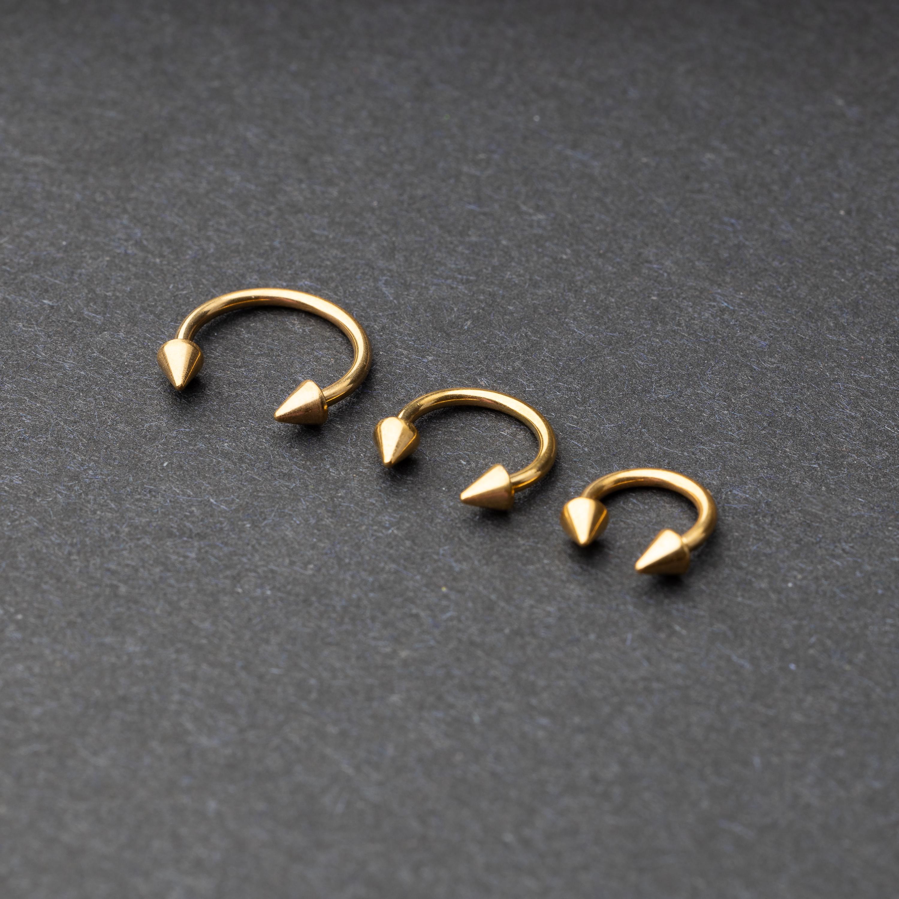 Stainless steel circular barbells with spiked ends displayed on a dark background, arranged by size from large to small.