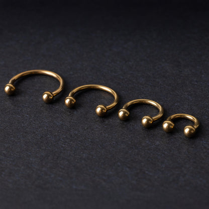 Set of four gold-colored titanium horseshoe rings with ball ends, displayed on a dark textured background.

