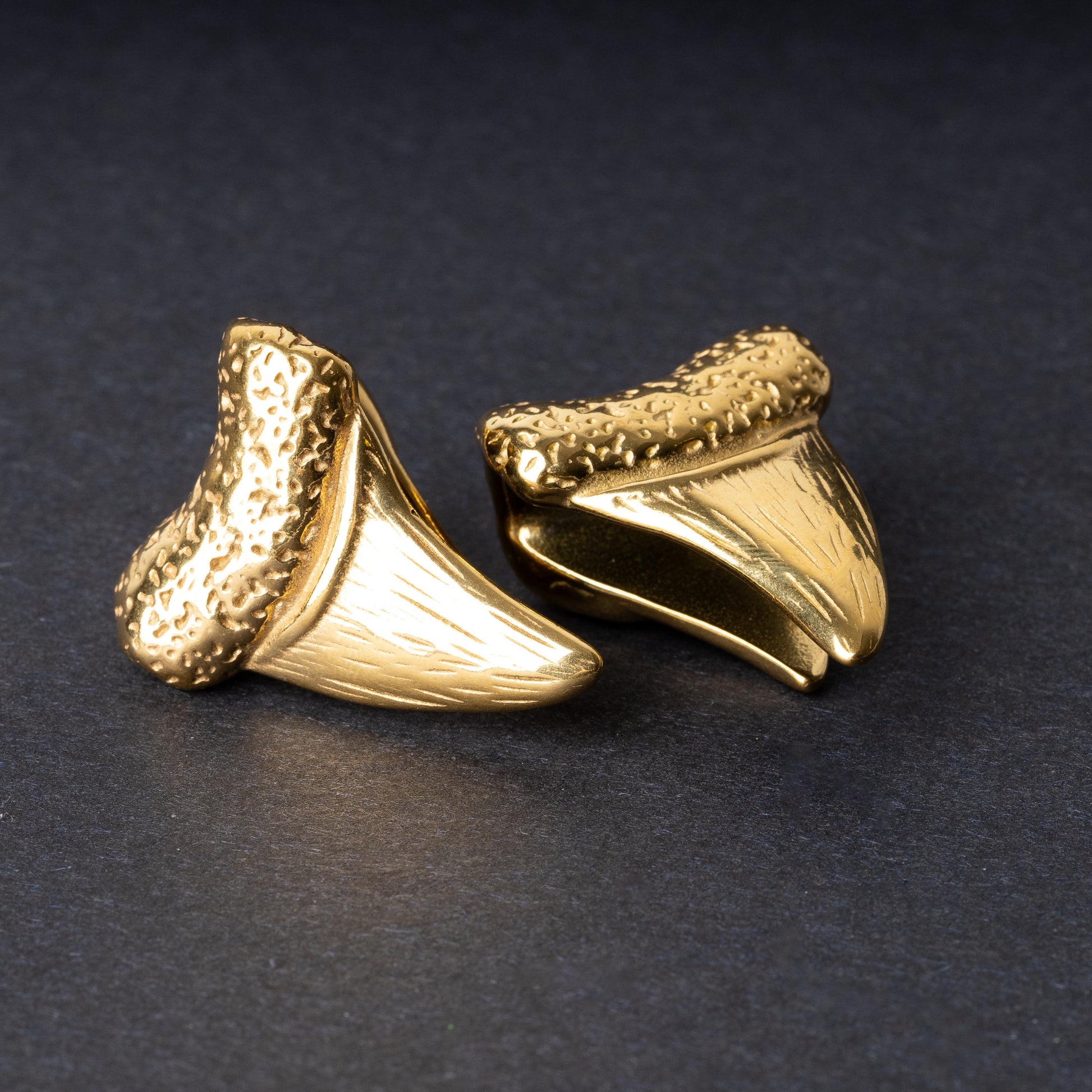 Close-up of gold tooth ear weights featuring textured detailing, displayed on a dark background.

