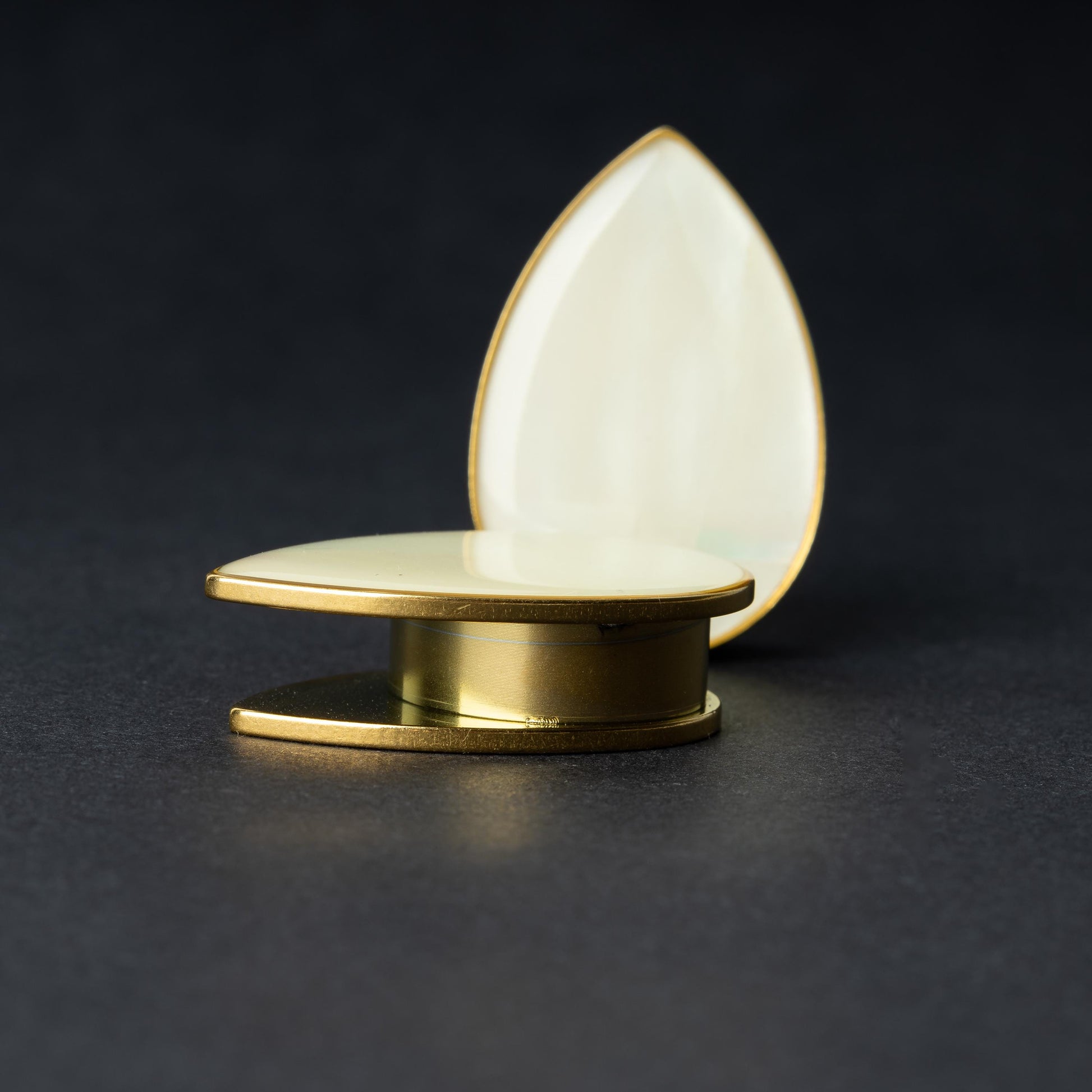 A pair of teardrop-shaped plugs with a polished mother-of-pearl inlay, framed by stainless steel, resting on a dark background.

