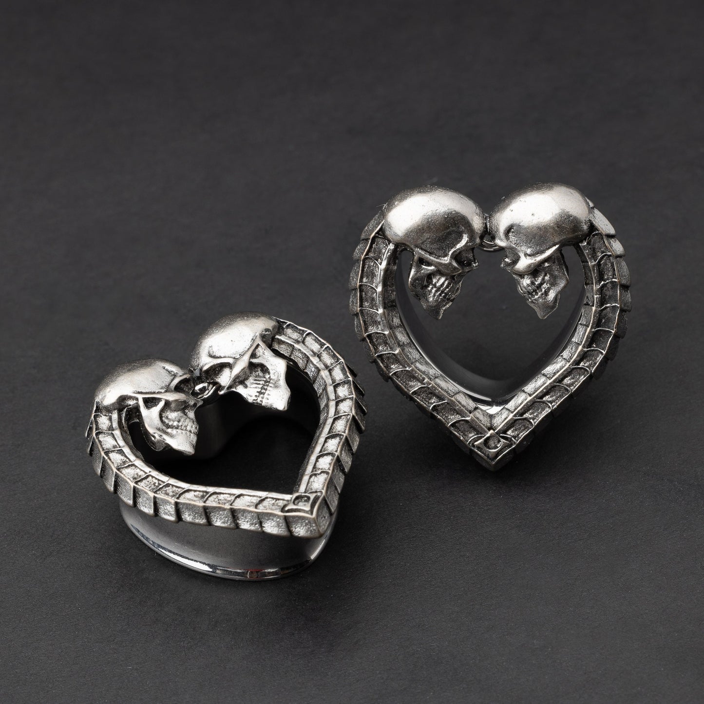 Pair of Spine Ear Tunnels, Saddle Ear Plugs in Silver. Ear Saddle Hangers For Stretched Ears, Gothic Plugs and Tunnels, Spine and Skull
