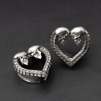 Pair of Spine Ear Tunnels, Saddle Ear Plugs in Silver. Ear Saddle Hangers For Stretched Ears, Gothic Plugs and Tunnels, Spine and Skull
