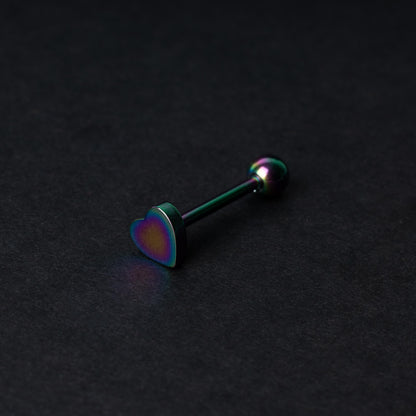 Heart shaped tongue bar in rainbow, displayed on a dark background.