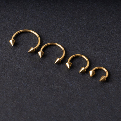 Various sized gold titanium circular barbells with spiked ends displayed on a dark background, arranged by size from large to small.