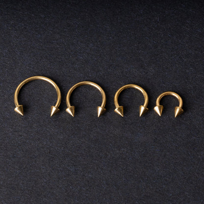 Various sized gold titanium circular barbells with spiked ends displayed on a dark background, arranged by size from large to small.