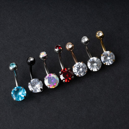 A collection of colorful belly button rings with curved barbells, featuring large gemstone centerpieces in shades of blue, black, clear, iridescent, red, and gold, displayed on a black background.